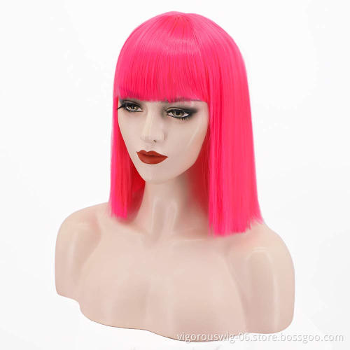 Ombre Highlight blonde Bob Cut Wigs with Bangs for Women 12inch Straight Short Hair Synthetic Heat Resistant colorful Natural